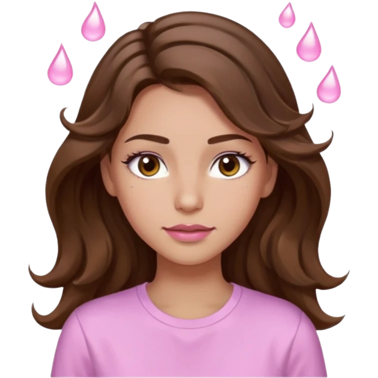 girl with wavy long brown hair, brown eyes, light to medium complexion, long lashes, light pink lipstick, wearing light pink shirt, sweat drops on the forehead emoji