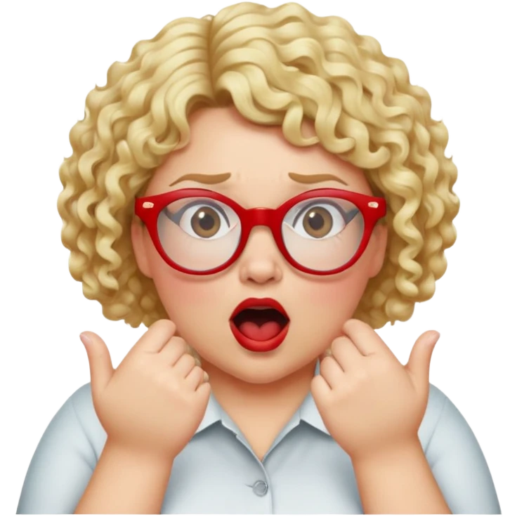 Blonde woman with short curly hair, slightly overweight, wearing red-framed glasses, shouting with hands on both sides of her mouth emoji