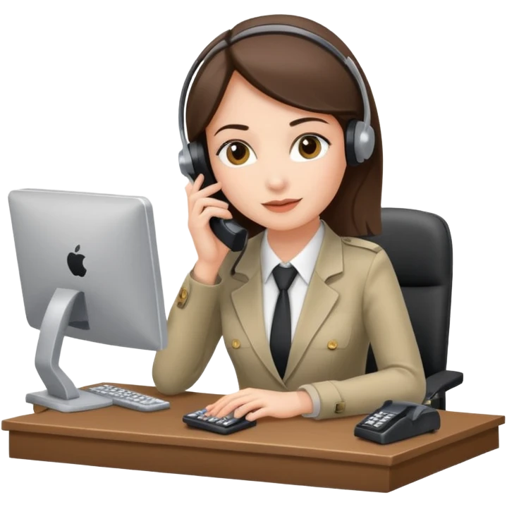 female phone support agent, at desk with computer and phone emoji