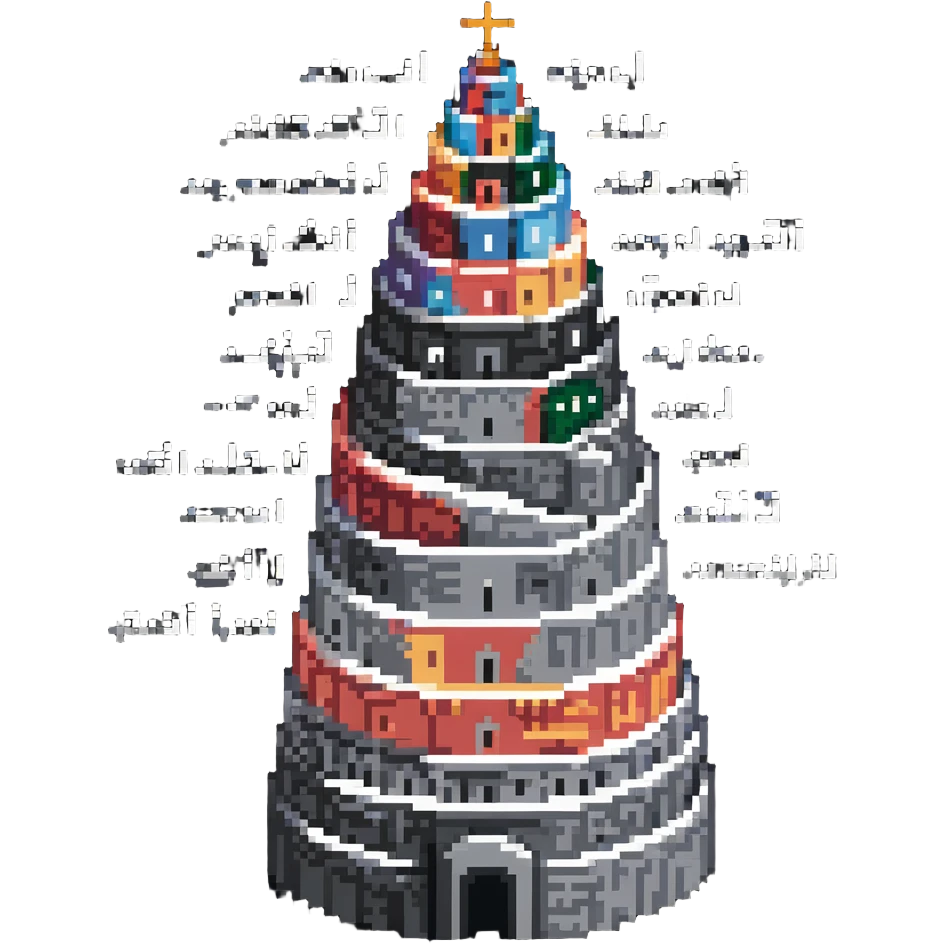 Tower of Babel with multiple languages written around it emoji