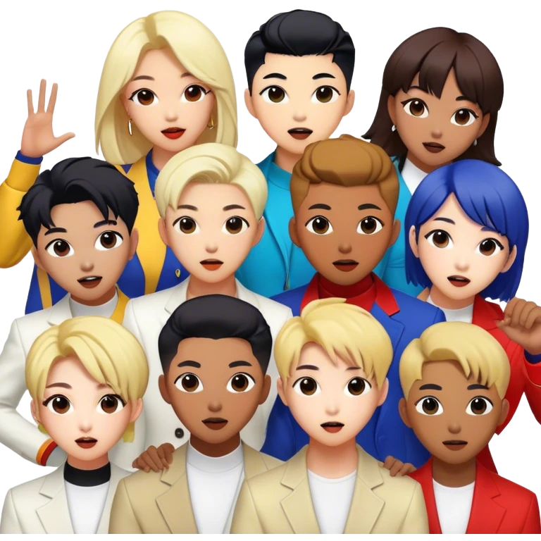 Cinematic Realistic BTS Portrait Emoji, depicted as a dynamic energetic portrayal of the global K-pop group with stylish modern attire and vibrant expressions, rendered with rich textures and bold contemporary lighting that captures their youthful charisma. emoji
