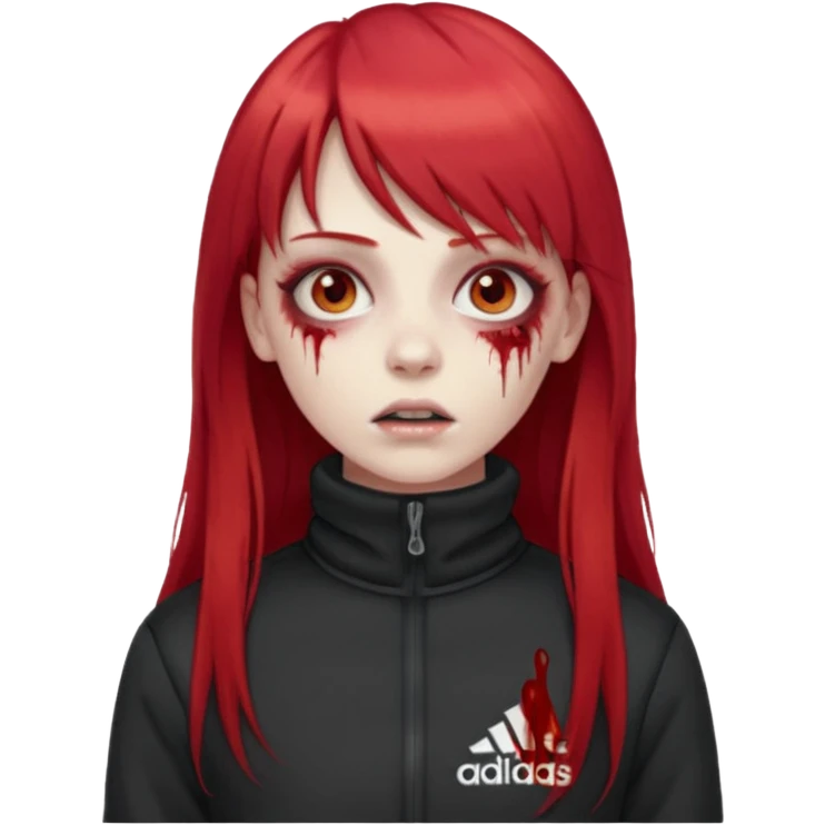Crie um emoji de uma menina zumbi  com o cabelo vermelho longo com uma franja reta casaco de gola alta da adidas emoji