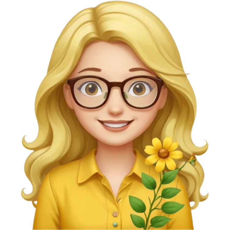 girl with a yellow blouse with flowers, with hair long hair in waves with glasses smiling emoji