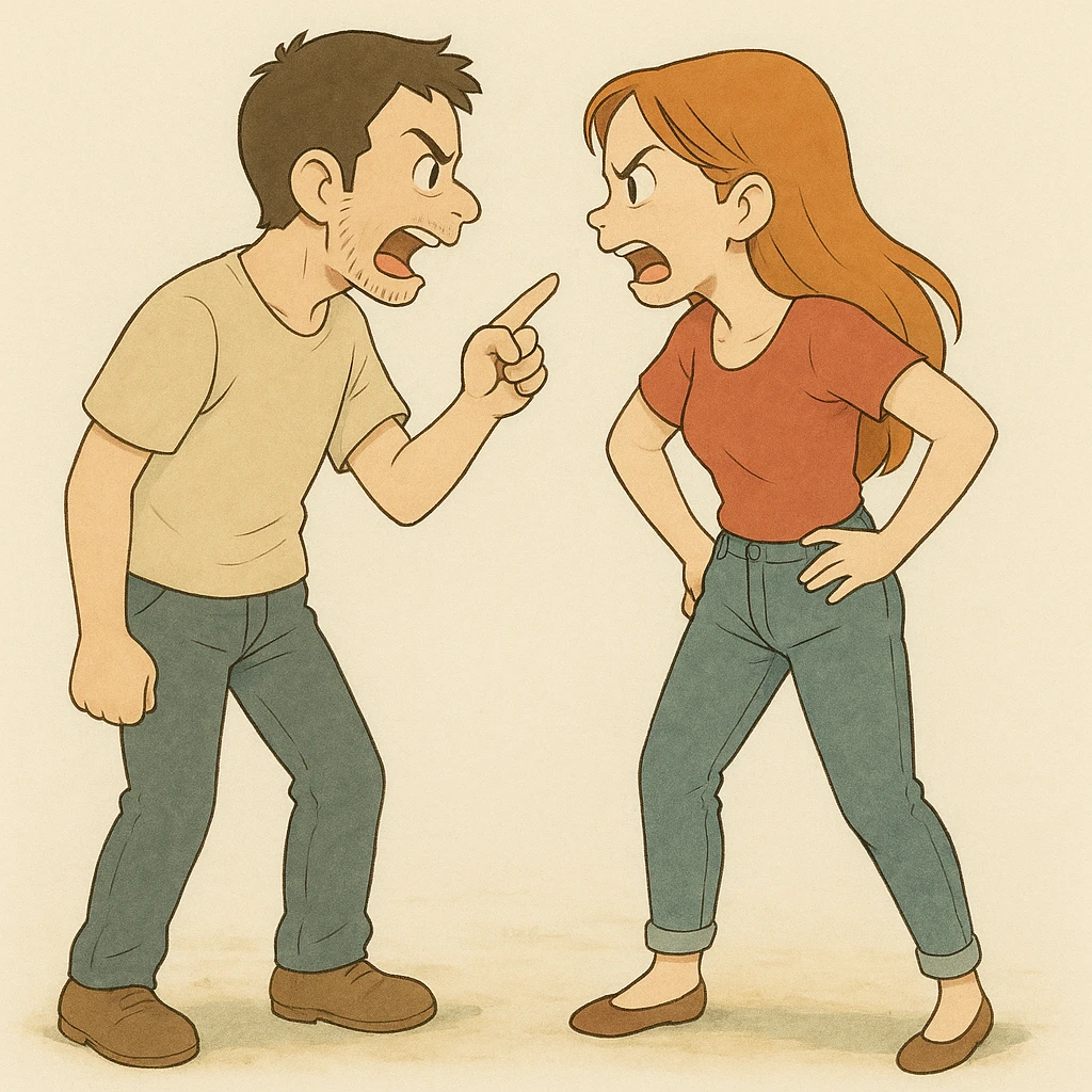 this image in ghibli style, showing the full bodies of the man and woman arguing emoji