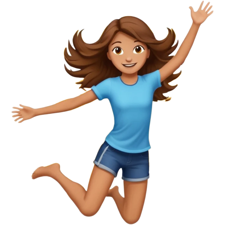 Girl with long brown hair happy jumping in the air with sunbeams in the background  emoji