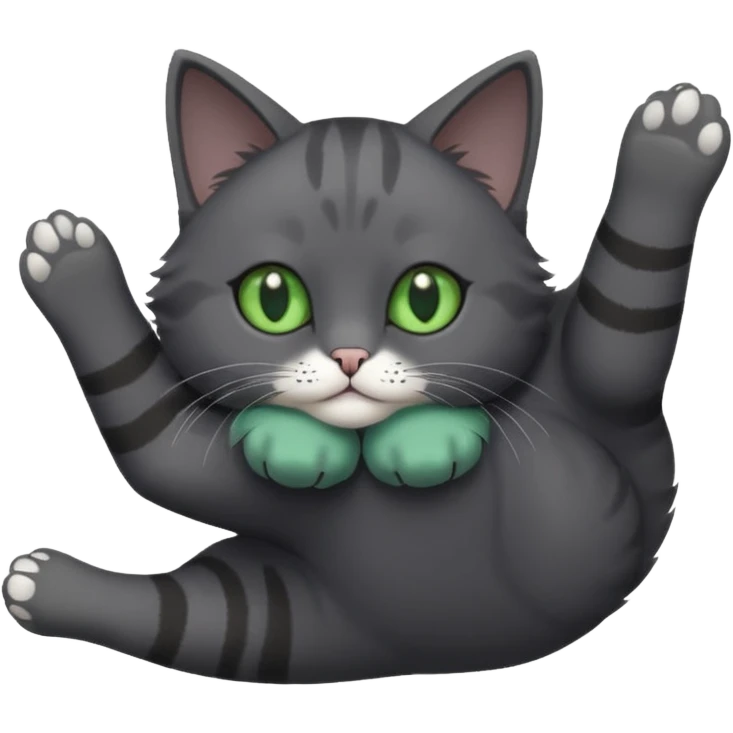 solid dark grey cat with green eyes, completely solid grey face, white toes/paws playing rolling upside down emoji