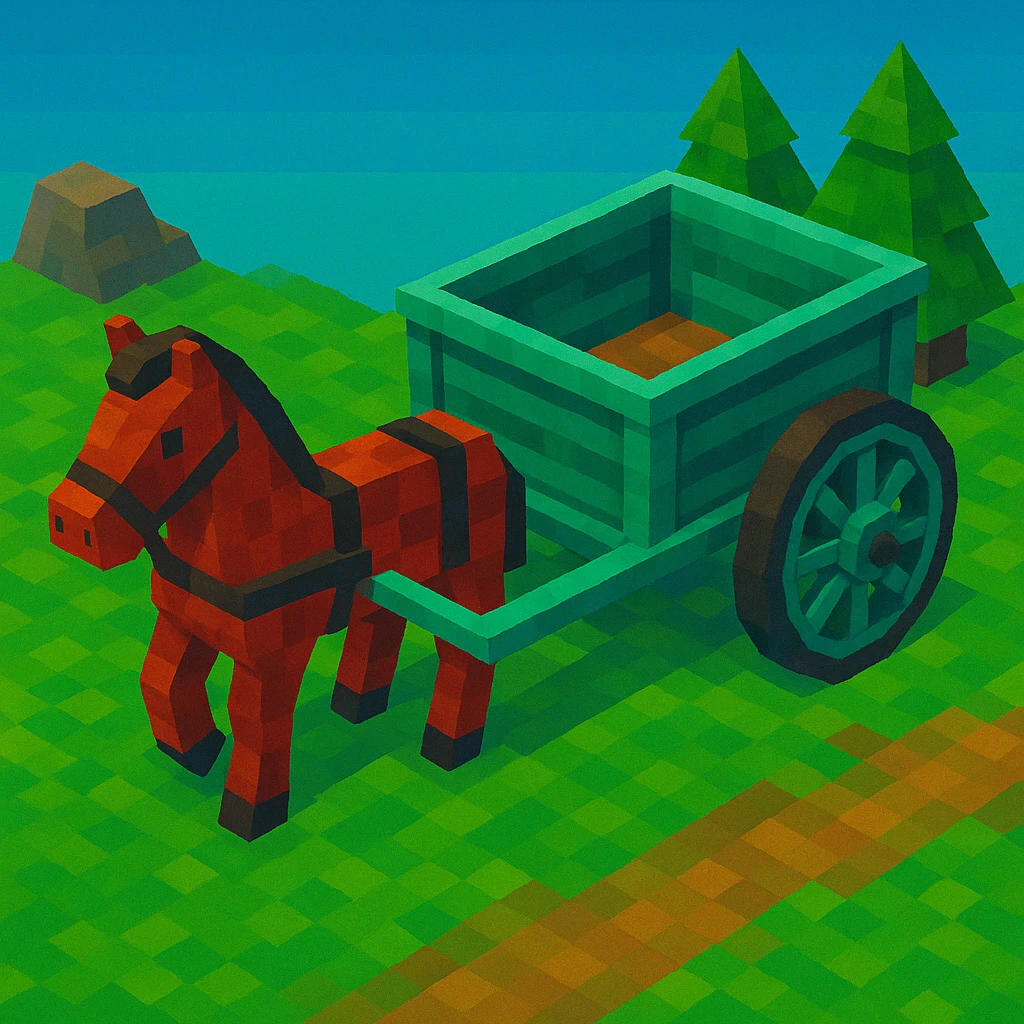 Isometric horse and cart with color variation: red and teal, keep original style low poly 3d. emoji