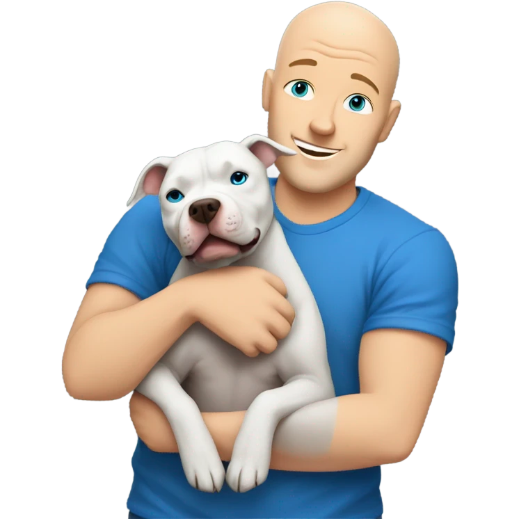 bald white man with blue eyes and blue tshirt Hugging large grey pit bull emoji