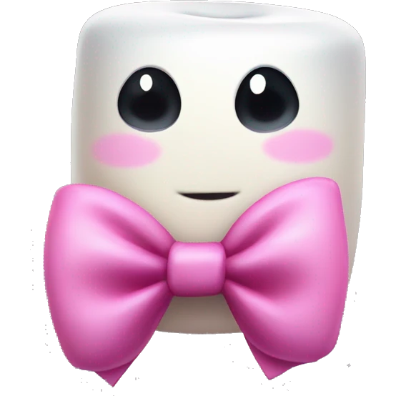 cute marshmallow with huge black sparkly eyes and a pink bow in the left corner of the marshmallow  emoji