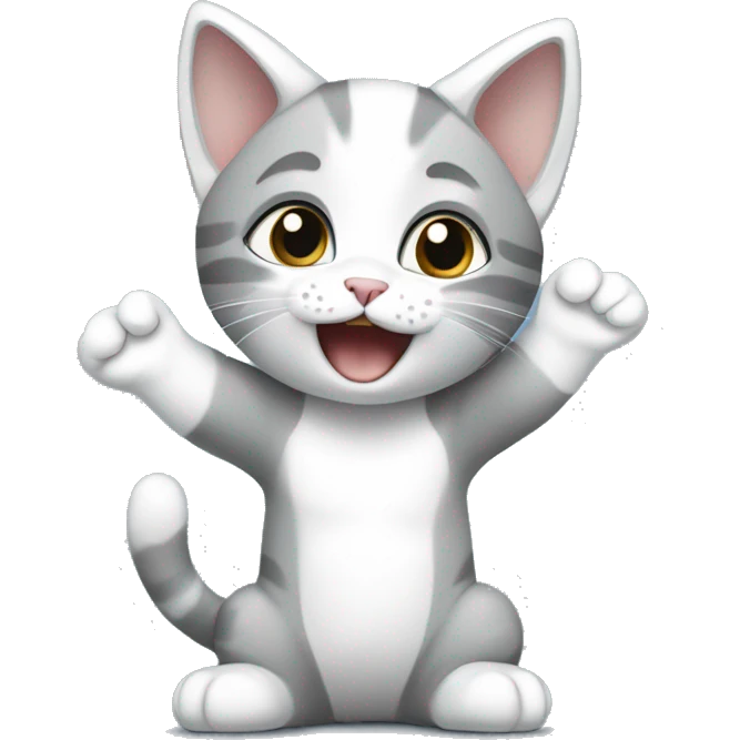 Gray and white kitten with arms up  emoji