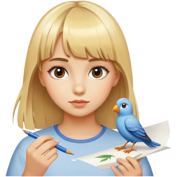 girl with blonde bangs paints a bird on sheet of paper emoji