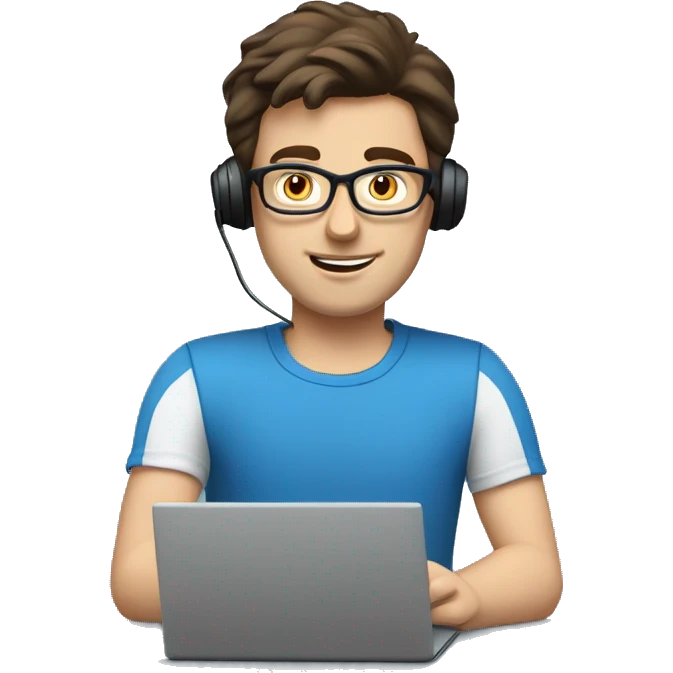 white guy with dark brown hair square glasses typing in laptop wearing blue t-shirt working in call center emoji
