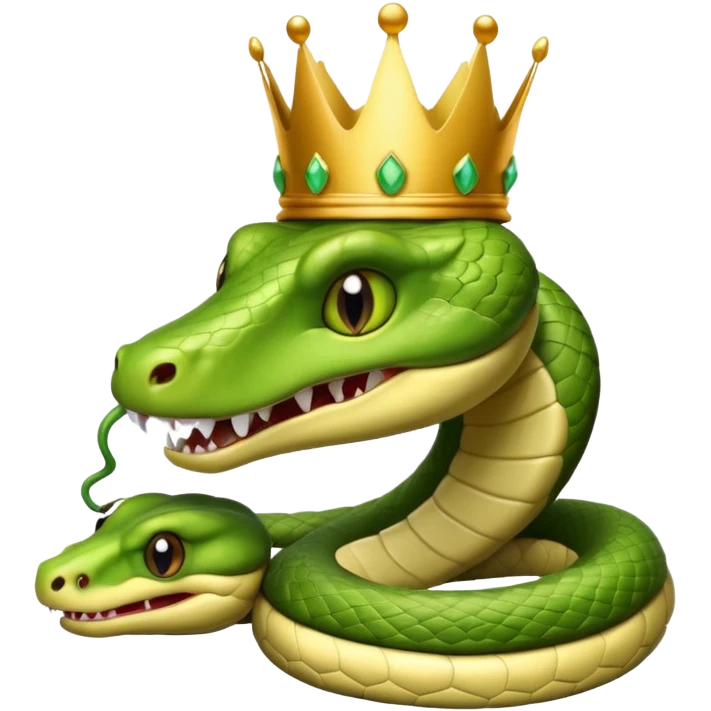 Make a snake with teeth looking calm with a crown on its head hanging a lil emoji