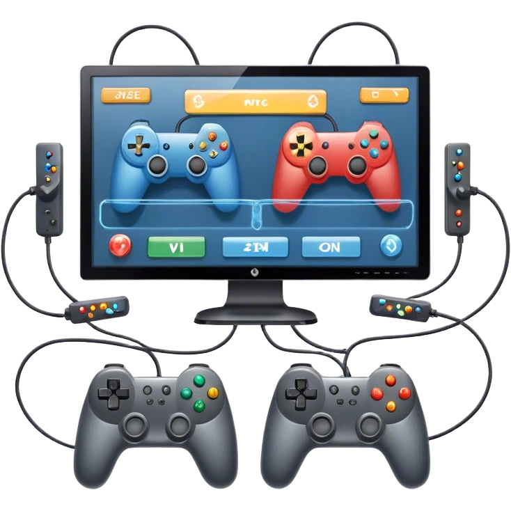 An icon showing two monitors with gaming interfaces, connected by a wire. Each monitor displays a different game screen, with two gamepads placed nearby, symbolizing multiplayer gameplay. transparent background. emoji