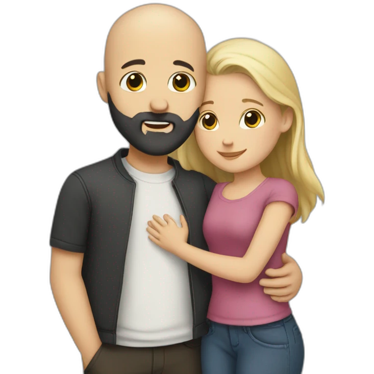 Bald white boy with black beard hugging a girl emoji