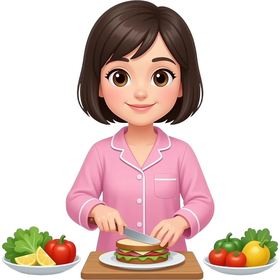 chica de cabello oscuro y corto, con ojos color cafe, con ropa comoda de estar en casa color rosa, preparando la cena un sándwich emoji