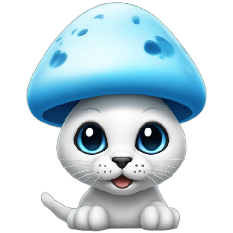 Blue smurf cat with large black eyes wearing a large white mushroom on his head casting a show on his face with a neutral face emoji