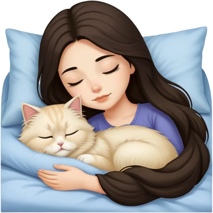 pretty girl with dark long hair sleeping with blonde fluffy  persian cat in bed emoji
