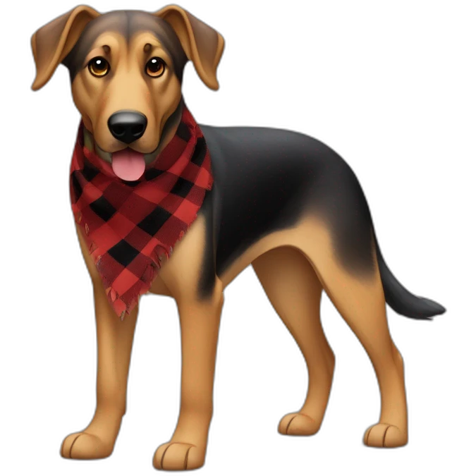 adult 75% Coonhound 25% German Shepherd mix dog with visible tail wearing small pointed red buffalo plaid bandana full body walking left quickly emoji