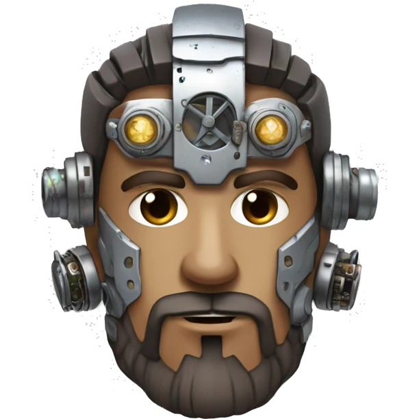male cyborg head with brown short hair, brown beard, silver steampunk goggles and circuitry emoji