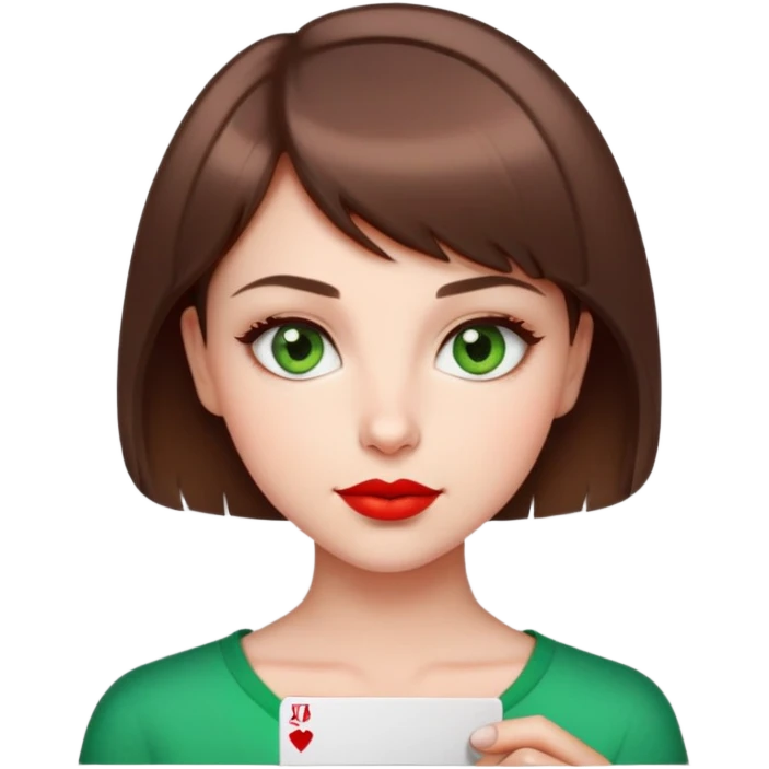 Cute girl, brown short hair, green eyes, playful face, red lips. She holds a card as for mugshot  emoji