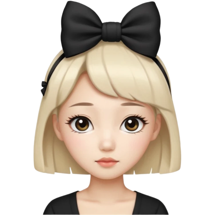 Korean woman with black cute  cut with a black top and a bow on her head with long lashes emoji