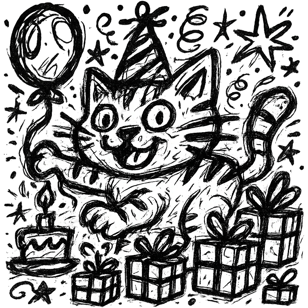 Add more gifts around the kitten, keeping the chaotic outlined style and all original elements intact emoji