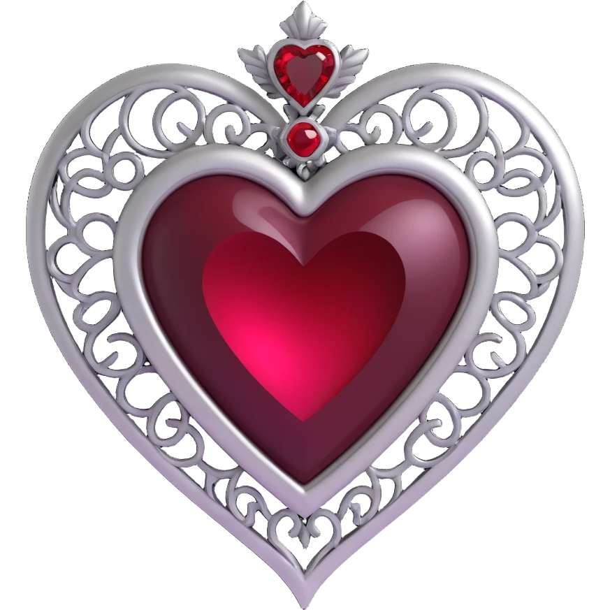 3D emoji gothic heart, black velvet texture, silver filigree details, deep red gemstone center, ornate and dramatic style emoji