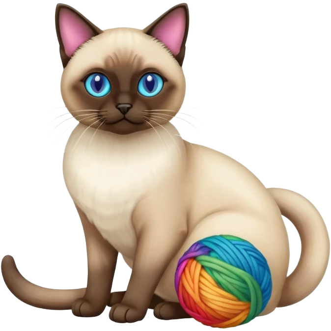Siamese cat sitting full body with rainbow eyes playing with a wool ball emoji