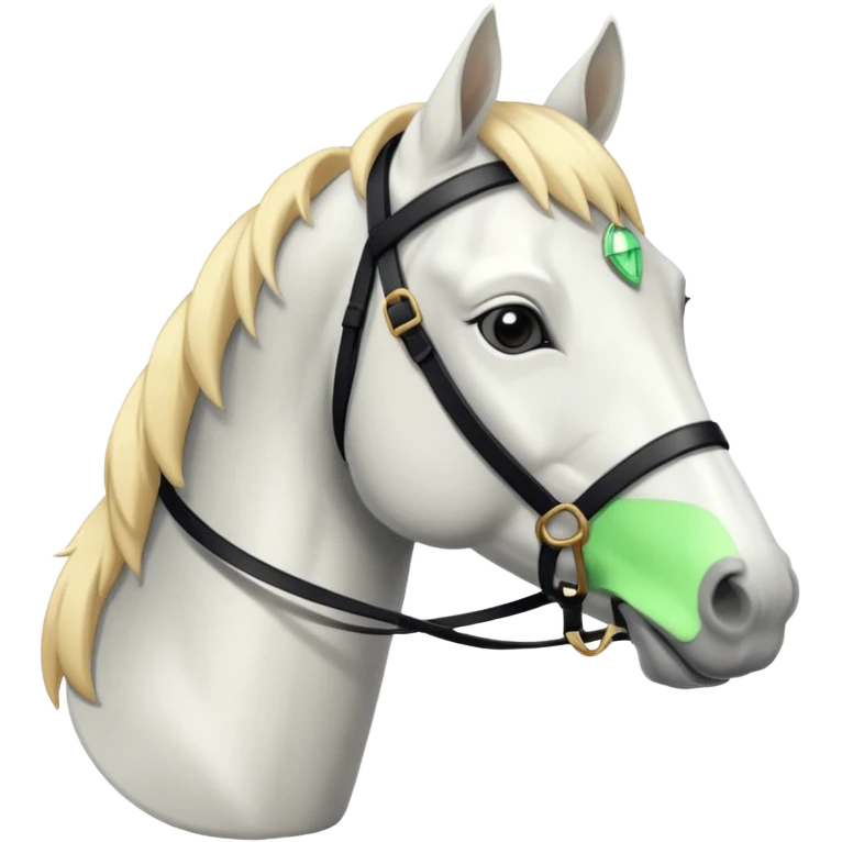 This is a cartoon-style image of a white horse with a light blond mane, wearing a black bridle, and shown in profile with a calm expression. emoji
