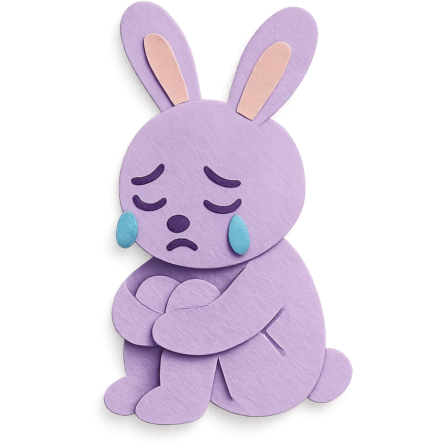 lilac bunny hugging knees while crying, soft emotional expression, paper craft style emoji