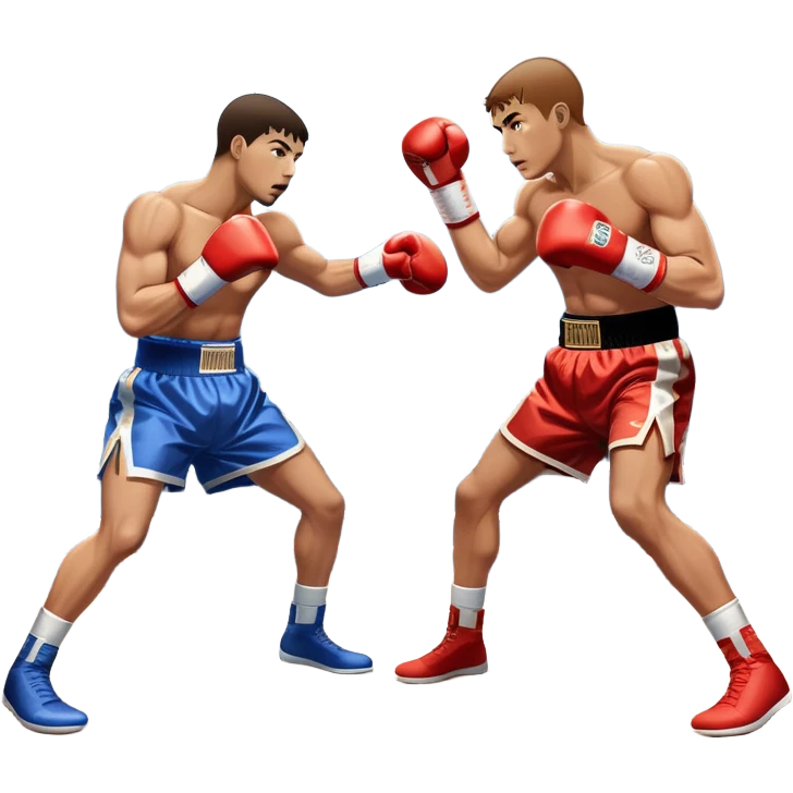 Two professional boxers in the ring, fighting for the world champion title. One delivers a long punch to the head, while the other skillfully dodges. The background features a crowded arena with bright lights and intense action. Transparent background emoji