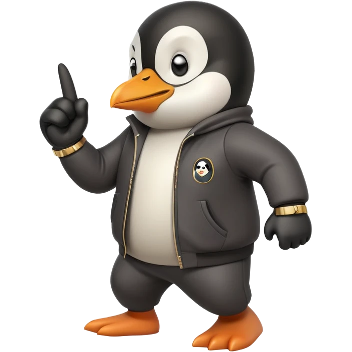 friendly anthropomorphised penguin wearing a mafia-style tracksuit, secretive scheming pose, soprano vibe, angry expression, running with a determined sprint, holding a knuckle duster emoji