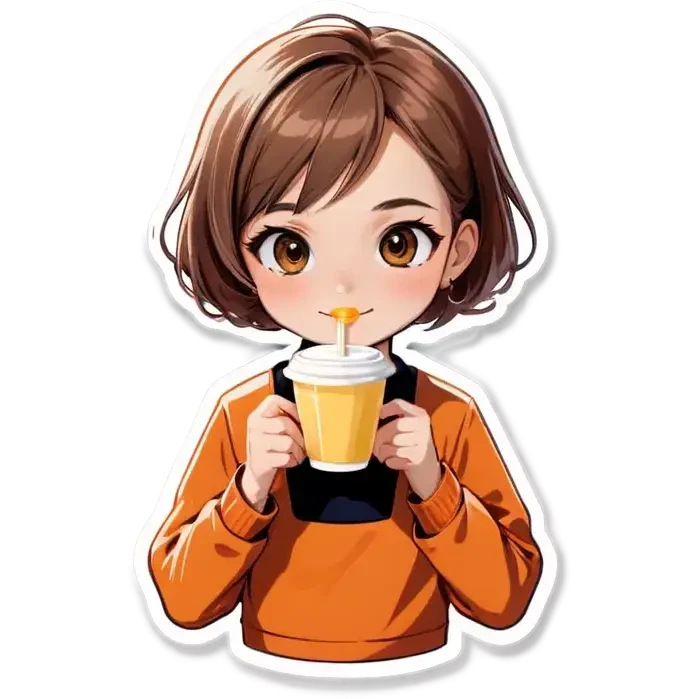 A girl with short hair milk tea light brown eyes  emoji