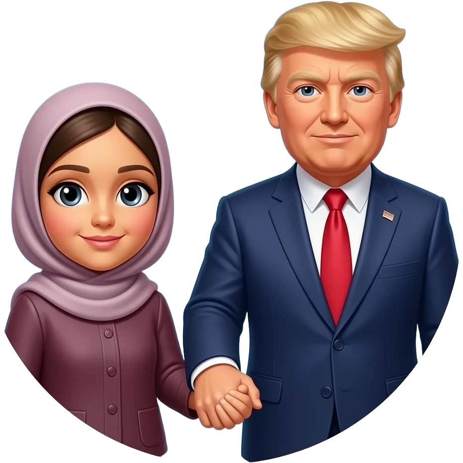 A sister in hijab holding hand in trust  a father President Donald Trump and an along in circle with his Talller son Barron Trump emoji