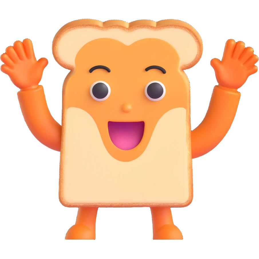 3D emoji style, surprised slice of toast with arms up emoji