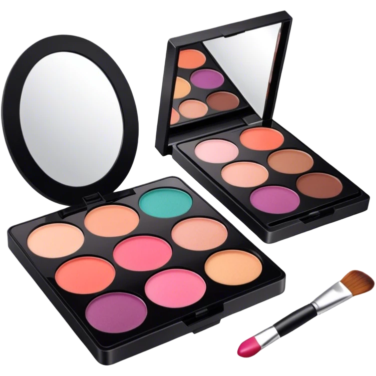 A photorealistic icon featuring makeup brushes, a lipstick being applied, an eyeshadow palette with colors in use and a compact mirror reflecting a half-done makeup look. The design captures the artistry and process of makeup with bright and realistic textures. Transparent background. emoji