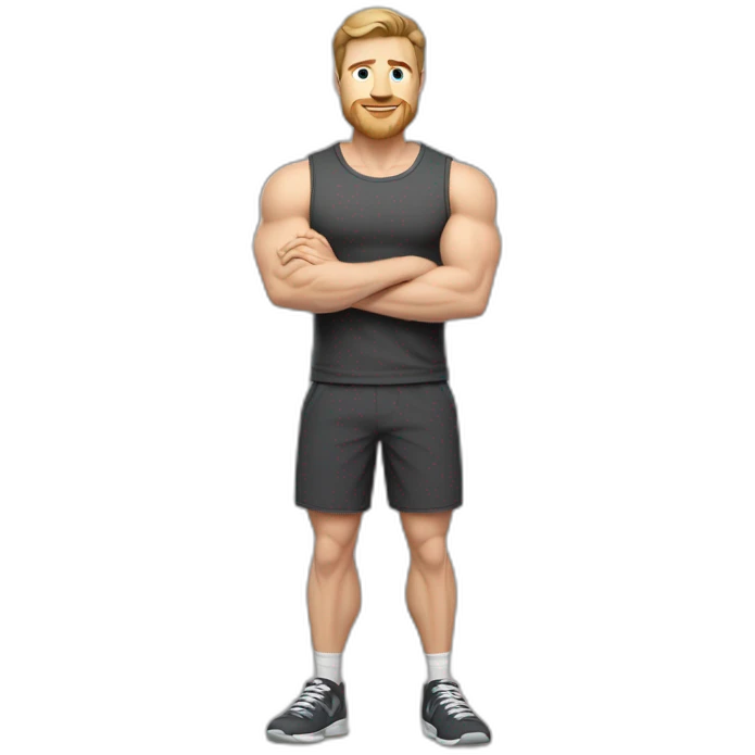 Full height Pale skinned fit man With biceps, Realistic eyes and mouth, light brown hair and stubble In dark gray sleeveless mike, black oversize sports shorts, watch and white sneakers. emoji