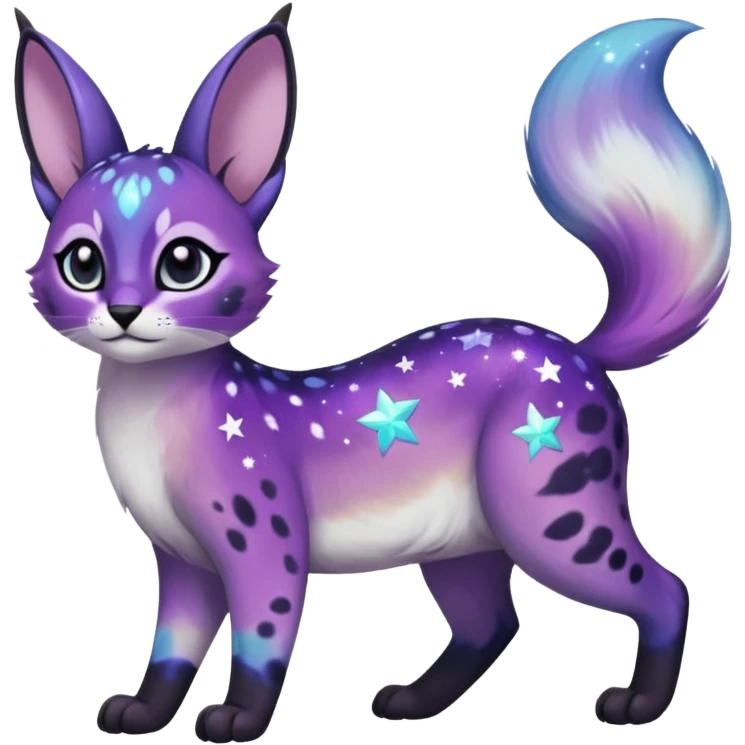 Colorful black-violet-indigo-purple-gradients nebulae nebula starry galactical shiny white-stars-spotted glorious iridescent divine exotic cute cool beautiful realistic Meloetta-caracal-civet-bunny-oncilla-animal-Fakémon-hybrid-fursona (full body) emoji