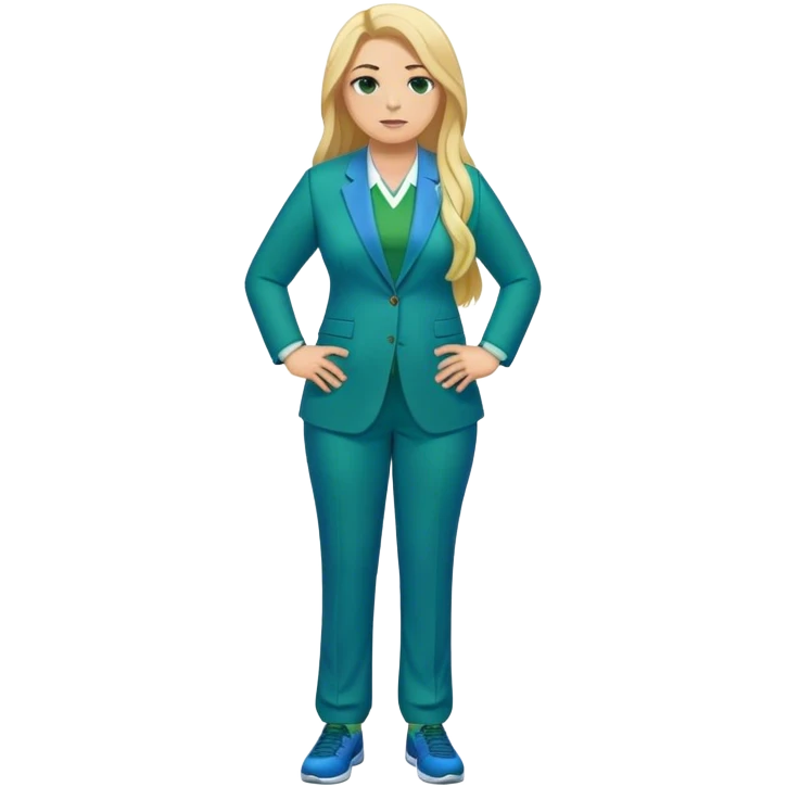Full Body white plus size female basketball head coach with long blonde hair in a blue and green suit emoji