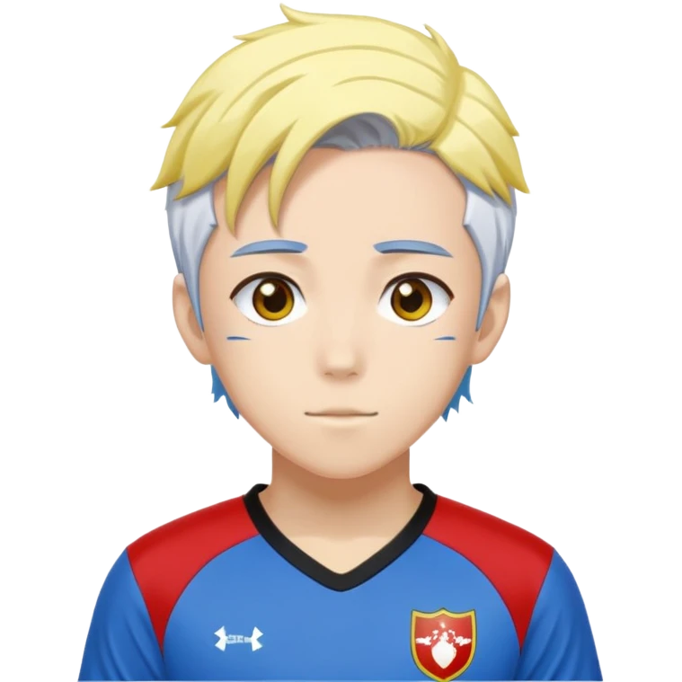High school soccer player. Wears a uniform with red based and black on sides and yellow. His hair is a mixture of white on the top and blue on the bottom. He is a anime character from Bluelock and is Dutch. emoji
