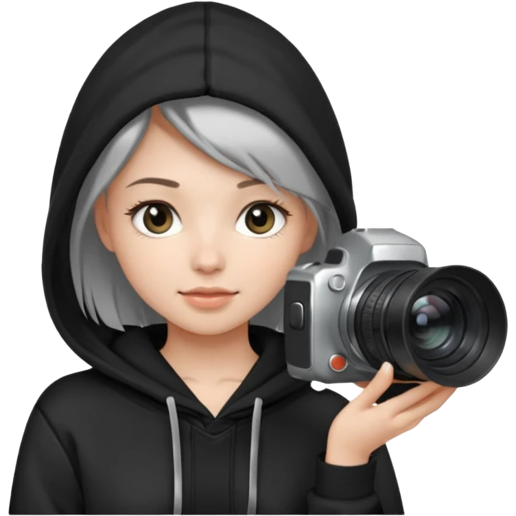 Young female, holding camera, black hoodie emoji