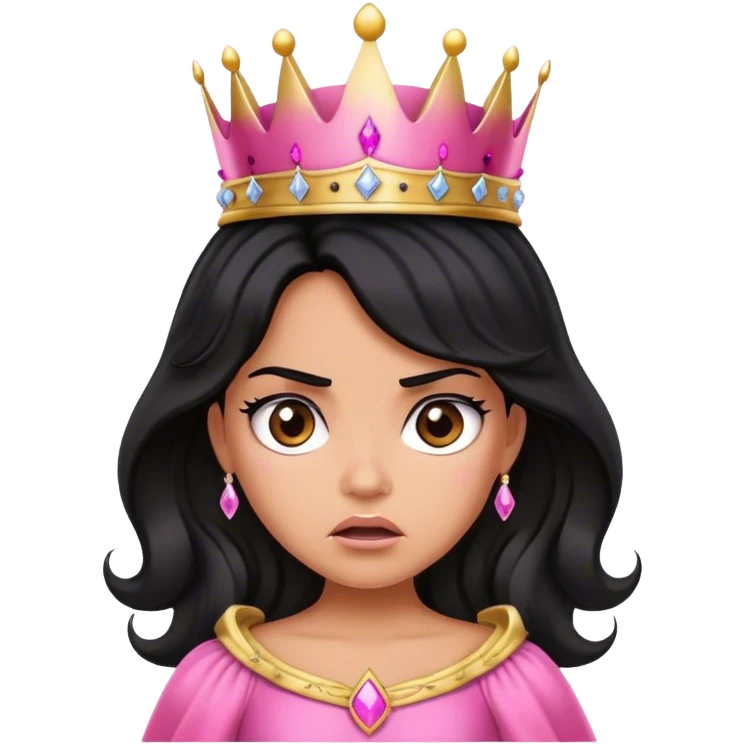 Very tanned princess, with black wavy hair and a crown, a pink princess Outfit But angry emoji