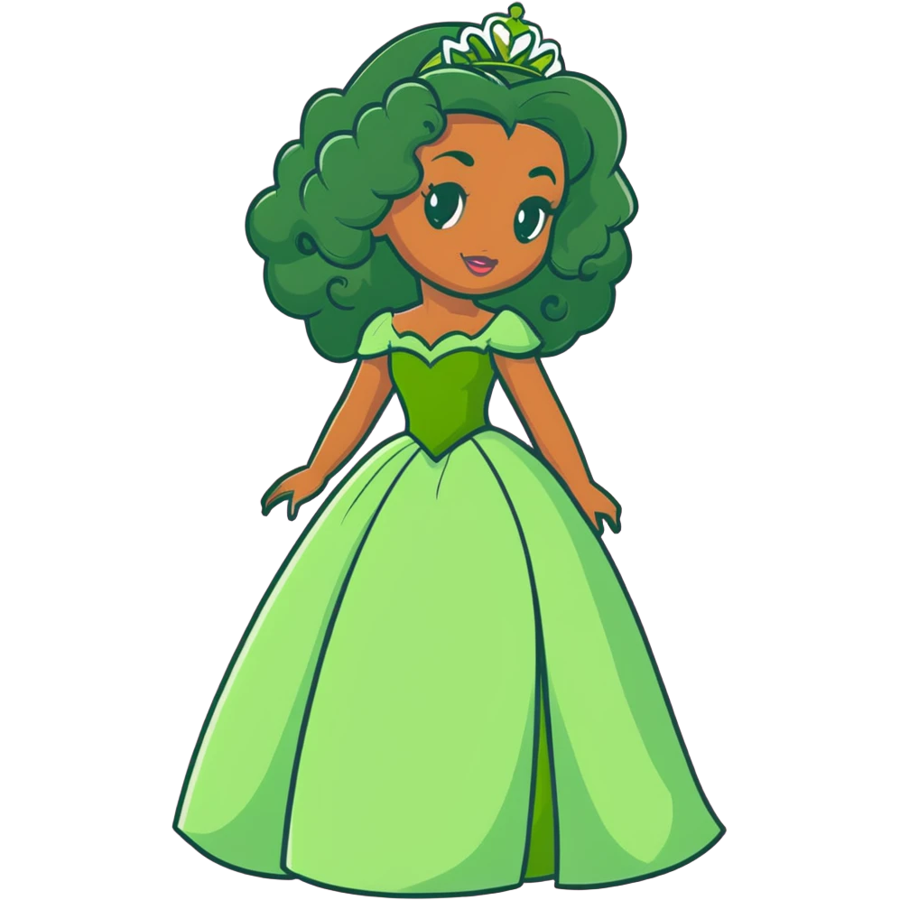 Disney Princess Tiana with extremely long black curly hair, green dress, 2c-3b curl pattern emoji
