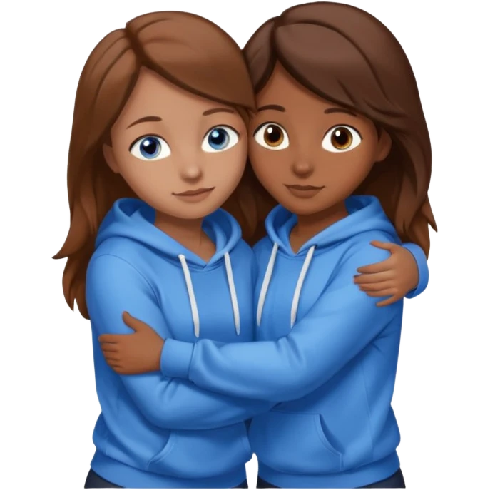 two Girls, Brown and Blonde hair, with Blue Eyes hugging one has Brown hair cute Hug another Version  Both Blue eyes and white hoddies Brown haired emoji