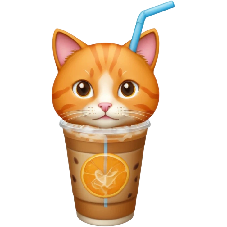 Gato naranja tomando café frio con un popote emoji