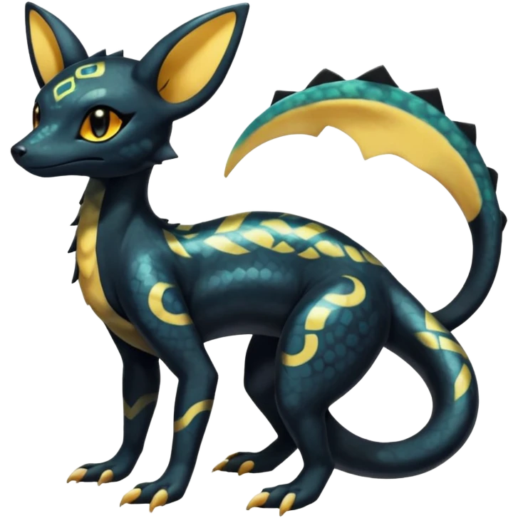 Shiny beautiful gorgeous ethereal Scaley Exotic Salandit-Umbreon-Fakémon-hybrid-creature (full body) with pretty markings emoji