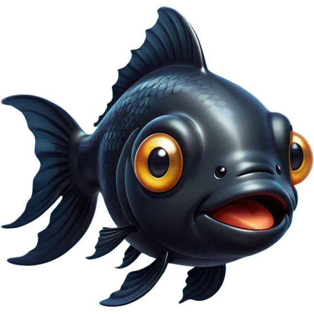 Cinematic Comical Black Goldfish Portrait Emoji, Head tilted dramatically with an exaggeratedly amused expression, featuring a striking, glossy deep black body with vibrant, fluttering fins, wide, expressive golden eyes filled with playful disbelief, Simplified yet hilariously expressive features, highly detailed, glowing with a slightly sassy glow, high shine, dramatic yet playful, stylized with an air of cheeky mischief, bright and endearing, soft glowing outline, capturing the essence of a spirited and over-the-top goldfish, so meme-worthy it feels like it could side-eye its way into internet fame instantly! emoji