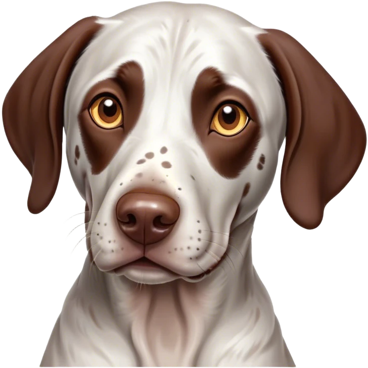 Cinematic Cute German Pointer Portrait Emoji, Head tilted playfully and inquisitively, showcasing a smooth liver and white coat with a healthy sheen, round, sparkling brown eyes filled with curiosity, Simplified yet irresistibly adorable features, highly detailed, glowing with a warm, friendly glow, high shine, affectionate and spirited, stylized with a touch of whimsy, bright and endearing, soft glowing outline, capturing the essence of a mischievous yet loving companion, so playful it feels like it could dash out of the screen and into your arms! emoji