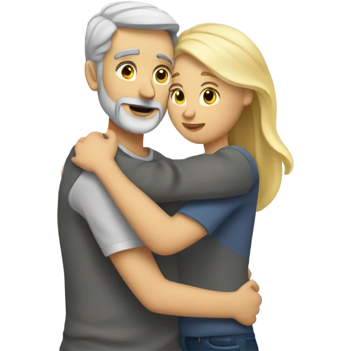 Blonde female friend hugging grey bearded guy friend  emoji